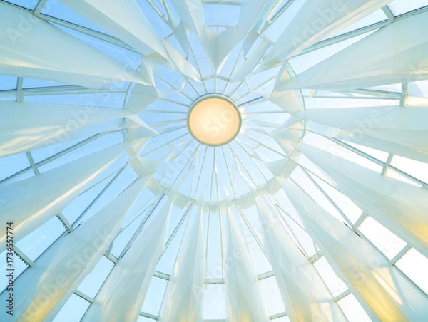 Obraz White fabric draped ceiling with geometric glass structure
