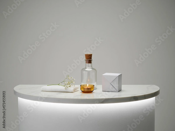Obraz White marble surface with spa items and lit candle
