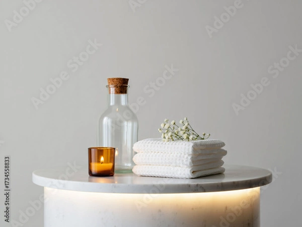 Obraz White towels and lit candle on marble table wellness