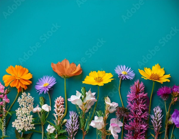 Fototapeta Colorful Wildflowers Arranged plain Background for Creative Design