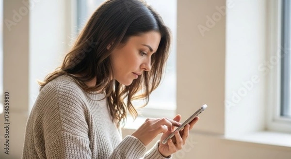 Fototapeta Young caucasian female using smartphone by window in casual setting