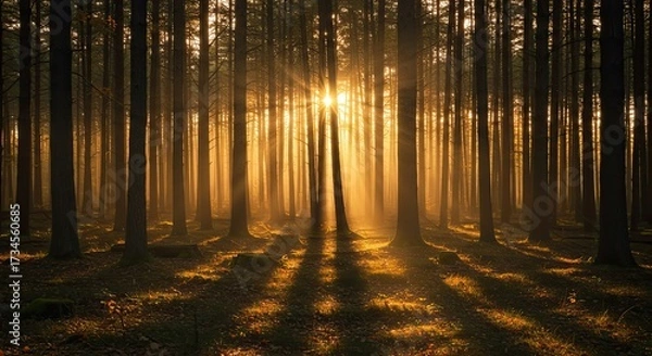 Obraz Aesthetic background a tranquil forest at sunset warm light and shadows. 