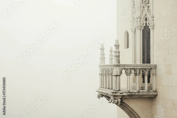 Obraz Gothic balcony projecting from weathered stone building, wreathed in dense misty atmosphere, intricate architectural elements silhouetted against soft gray background