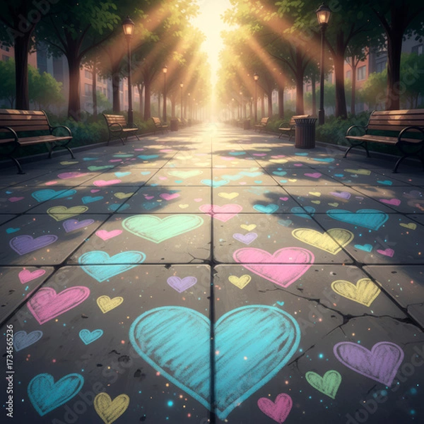 Fototapeta Colorful heart drawings on a peaceful park pathway illuminated by sunlight
