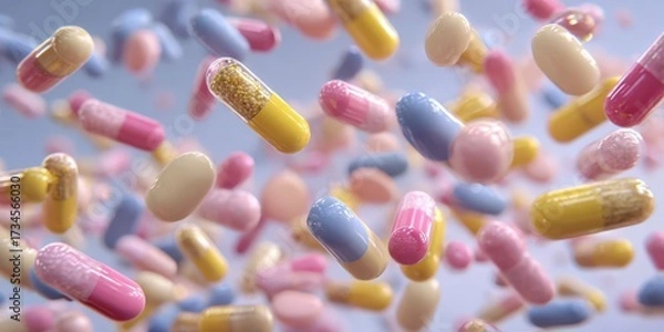 Fototapeta Pastel Pink, Yellow, and Blue Pills and Capsules Floating on Soft White Surface