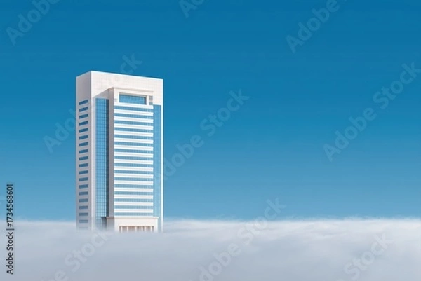 Fototapeta Modern skyscraper emerging above clouds under vivid blue sky for architectural marketing.

