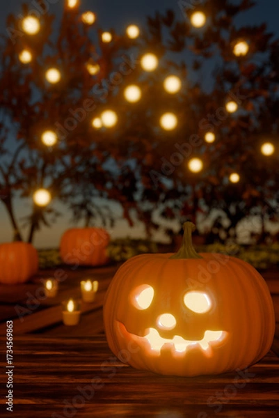 Obraz Halloween pumpkin carving with glowing jack o'lanterns outdoors at dusk. 3d rendering