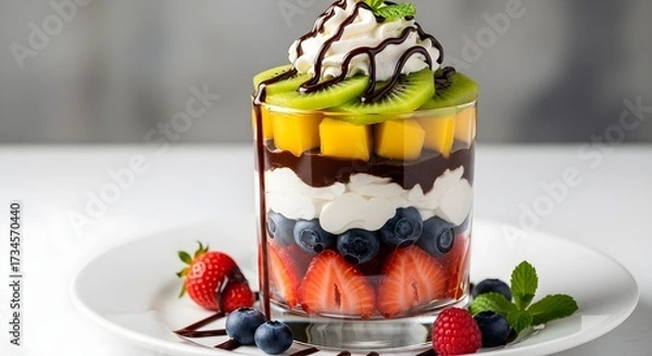 Fototapeta Delicious layered fruit parfait with whipped cream and chocolate drizzle delight