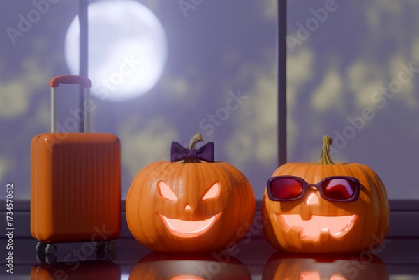 Obraz Halloween pumpkins with carved faces and a suitcase under a full moon night. 3d rendering