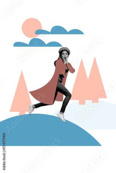 Obraz Vertical photo collage of shocked girl wear beret coat run cold weather winter park new year tree isolated on painted background