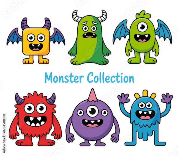 Fototapeta Cartoon monster collection: six colorful, cute, and funny creatures with various shapes and features.