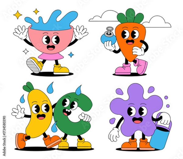 Fototapeta Whimsical cartoon characters representing a water bowl, carrot, banana, letter C, and a paint splash.