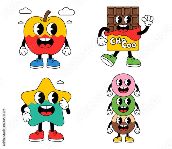 Fototapeta A collection of four colorful retro cartoon mascot characters: an apple, a chocolate bar, a star, and stacked sweets.
