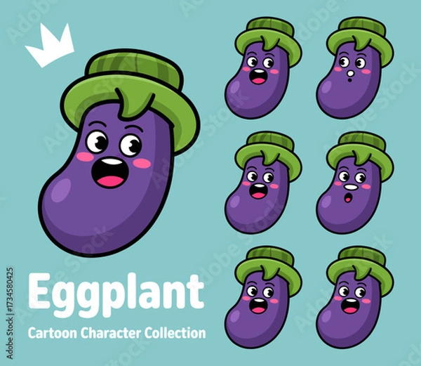 Fototapeta Cartoon eggplant character collection with various expressions.
