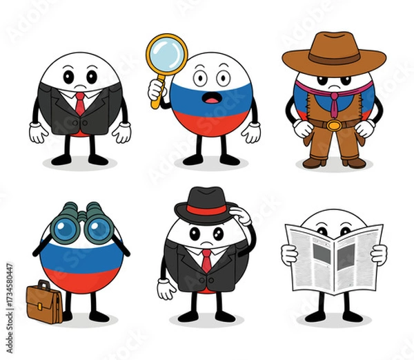 Fototapeta Six cartoon characters, each a round shape with the Russian flag colors, dressed in various outfits.