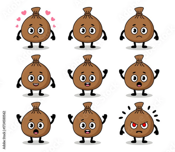 Fototapeta Nine cartoon dumplings with different facial expressions, showing various emotions and feelings.