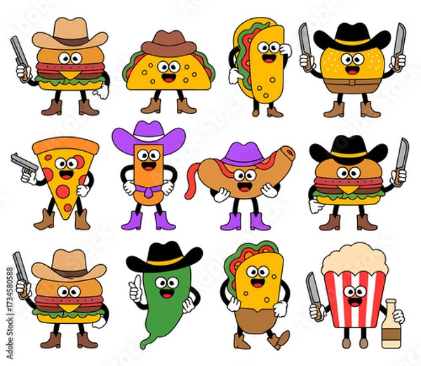 Fototapeta A collection of retro cartoon fast food characters dressed as cowboys with hats, boots, and weapons.