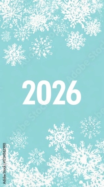 Fototapeta A minimalist holiday sale poster featuring a blue background with snowflakes and the words 2020 in bold white typography.