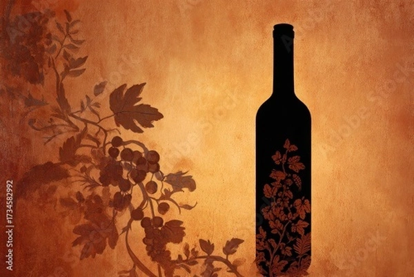 Fototapeta Vintage 60s Wine Ad with Elegant Bottle Silhouette and Grape Motif