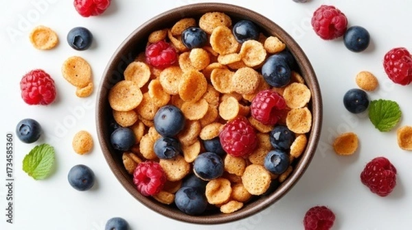 Fototapeta Flat lay mini pancakes cereal in bowl with syrup and fresh berries on white background