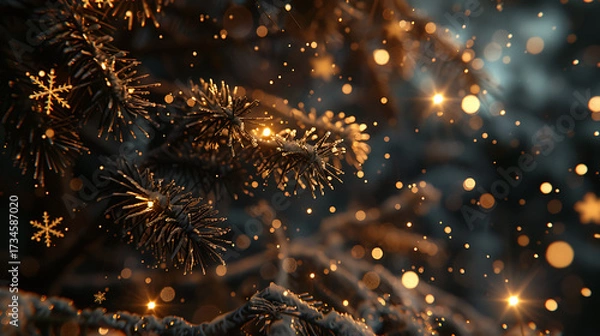 Fototapeta Golden Snowflakes, Frosted Pines, and Glowing Decorations Welcoming a Merry Christmas and a Joyful New Year. Happy new year