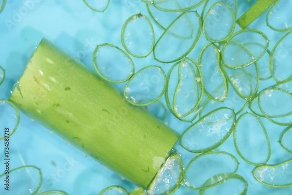 Fototapeta Close-up Top View of Sliced Aloe Vera Pieces Floating in a Blue Basin