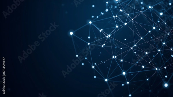 Fototapeta Abstract digital network background with connected white dots and lines forming a polygonal mesh structure on a dark blue gradient background, futuristic technology style,