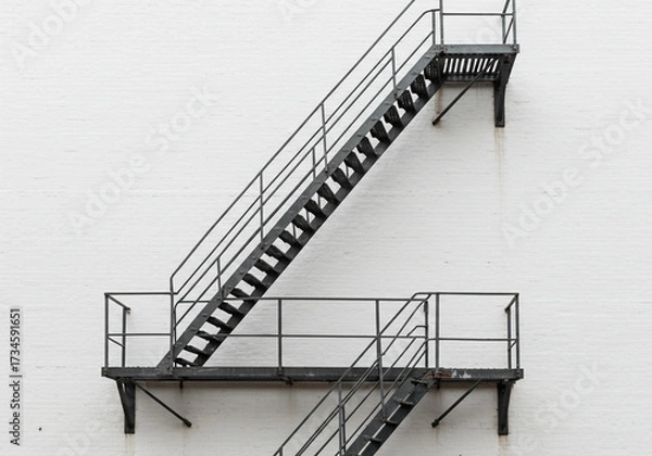Fototapeta Modern metal fire escape ladders ascend a clean white brick wall providing industrial architectural texture and urban design elements