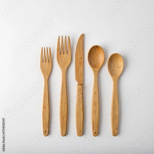 Fototapeta A set of bamboo cutlery neatly lined up on a white background. A minimalistic set of eco-friendly products.