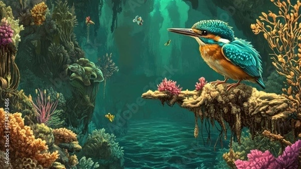 Fototapeta Colorful Kingfisher in a Magical Underwater Grotto with Bioluminescent Corals