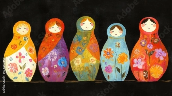 Obraz Colorful Matryoshka Dolls with Floral Designs on Black Background, Artistic Illustration.