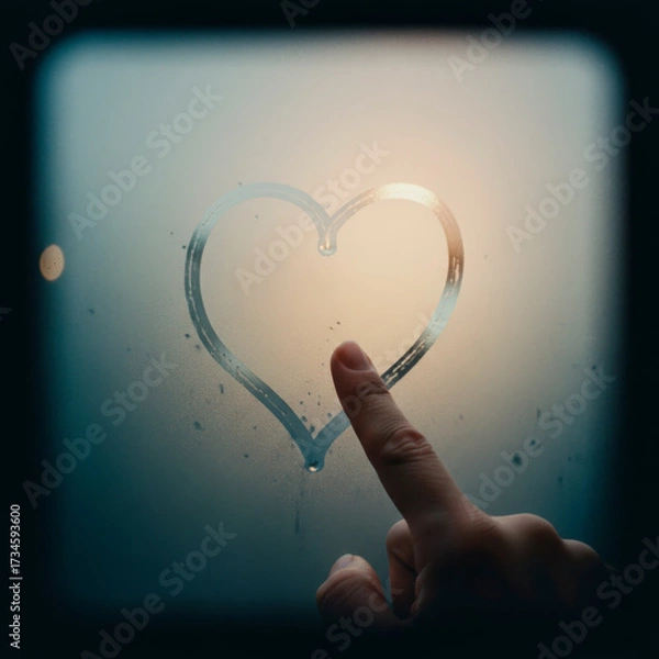 Fototapeta Finger drawing a heart on a foggy window, symbol of love and affection