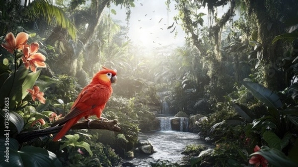 Fototapeta Crimson Parrot Perched in a Sun-Drenched Jungle Oasis by a Cascading Waterfall