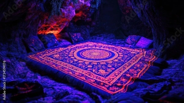 Obraz Enchanting Cave Interior: Glowing Carpet and Pillows, Mystical Ambiance, Neon Lighting.