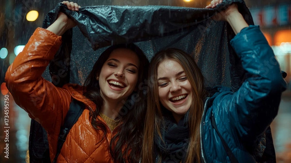 Fototapeta Two young girls laughing, hidden under one jacket in the rain on a city street, joyful and carefree in the glowing night atmosphere.