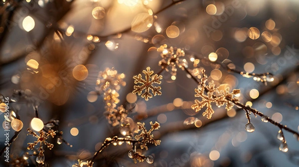 Fototapeta Golden Snowflakes, Frosted Pines, and Glowing Decorations Welcoming a Merry Christmas and a Joyful New Year. Happy new year