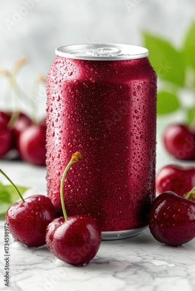 Fototapeta A red beverage can covered in condensation, surrounded by fresh cherries on a marble surface with a light background.