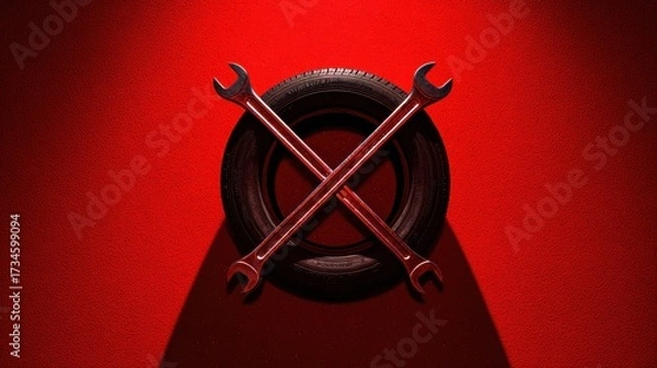 Fototapeta Symbolic automotive concept image with two metal wrenches crossed over a black rubber tire, lit dramatically against a red backdrop.