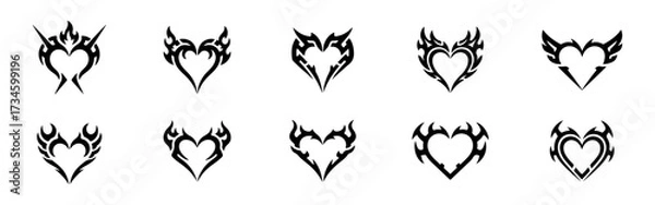 Fototapeta Hearts tattoo icons set. Y2K neo-tribal heart shapes, abstract gothic and cyber style, techno love elements, futuristic burning heart ornaments, 2000s sticker design.