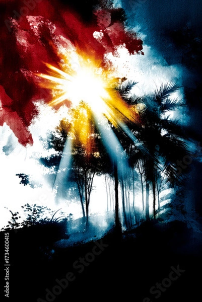 Fototapeta A powerful sunburst shines with dramatic light rays through a silhouette of trees in an abstract forest scene.