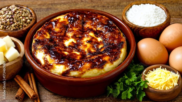 Fototapeta A savory baked cheese and egg casserole with a caramelized top, surrounded by fresh ingredients on a wooden table.