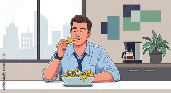 Fototapeta A relaxed office worker enjoys a bowl of nachos during a break at his desk with a city view