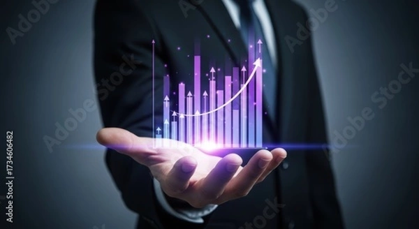 Fototapeta Man in suit holding glowing purple bar graph with upward trend growth finance
