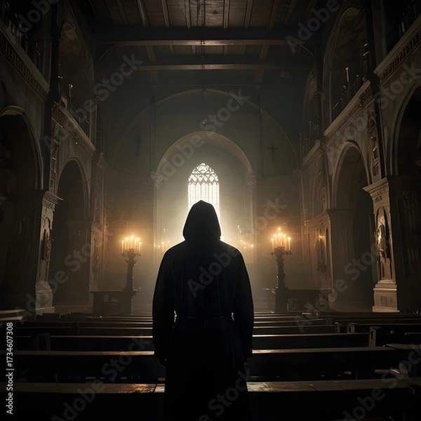 Obraz dark, symbolic scene inside a massive, shadowy cathedral 