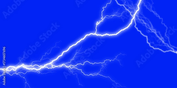Fototapeta A dramatic display of blue lightning bolts against a dark background. Electric blue light casts vibrant purple, magenta, and blue hues on a dark background, creating a stunning visual pattern, 