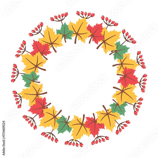 Fototapeta Fall leaves round frame isolated on white background. Circular border design with seasonal foliage. Vector flat illustration for invitations, labels, packaging, cards