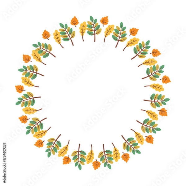 Fototapeta Circle wreath with autumn leaves. Round foliage border isolated on white background. Autumn color sheets in frame. Vector illustration for banners, cards, seasonal design