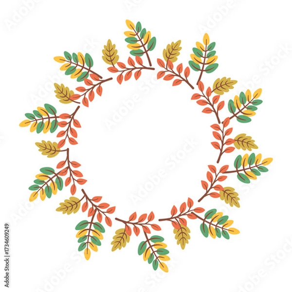 Fototapeta Autumn foliage wreath. Circular frame of fall leaves and berries. Seasonal round border isolated on white background. Vector  flat illustration for greeting cards, invitations, posters