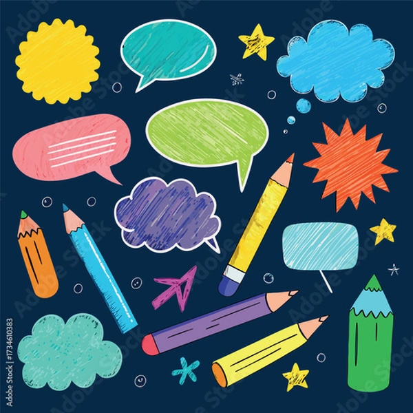 Fototapeta Colorful doodle illustration with pencils, speech bubbles, stars, and sketchy hand-drawn style