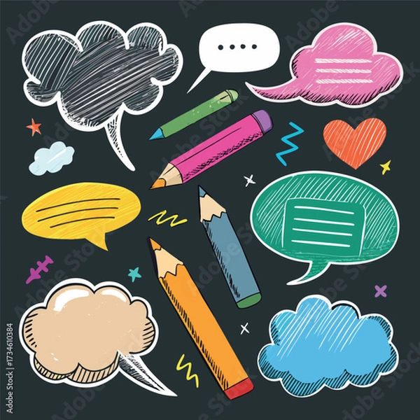 Fototapeta Colorful doodle illustration with pencils, speech bubbles, stars, and sketchy hand-drawn style